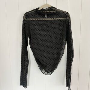 Zara Black Sheer Polka Dot Long Sleeve Mock Neck Top